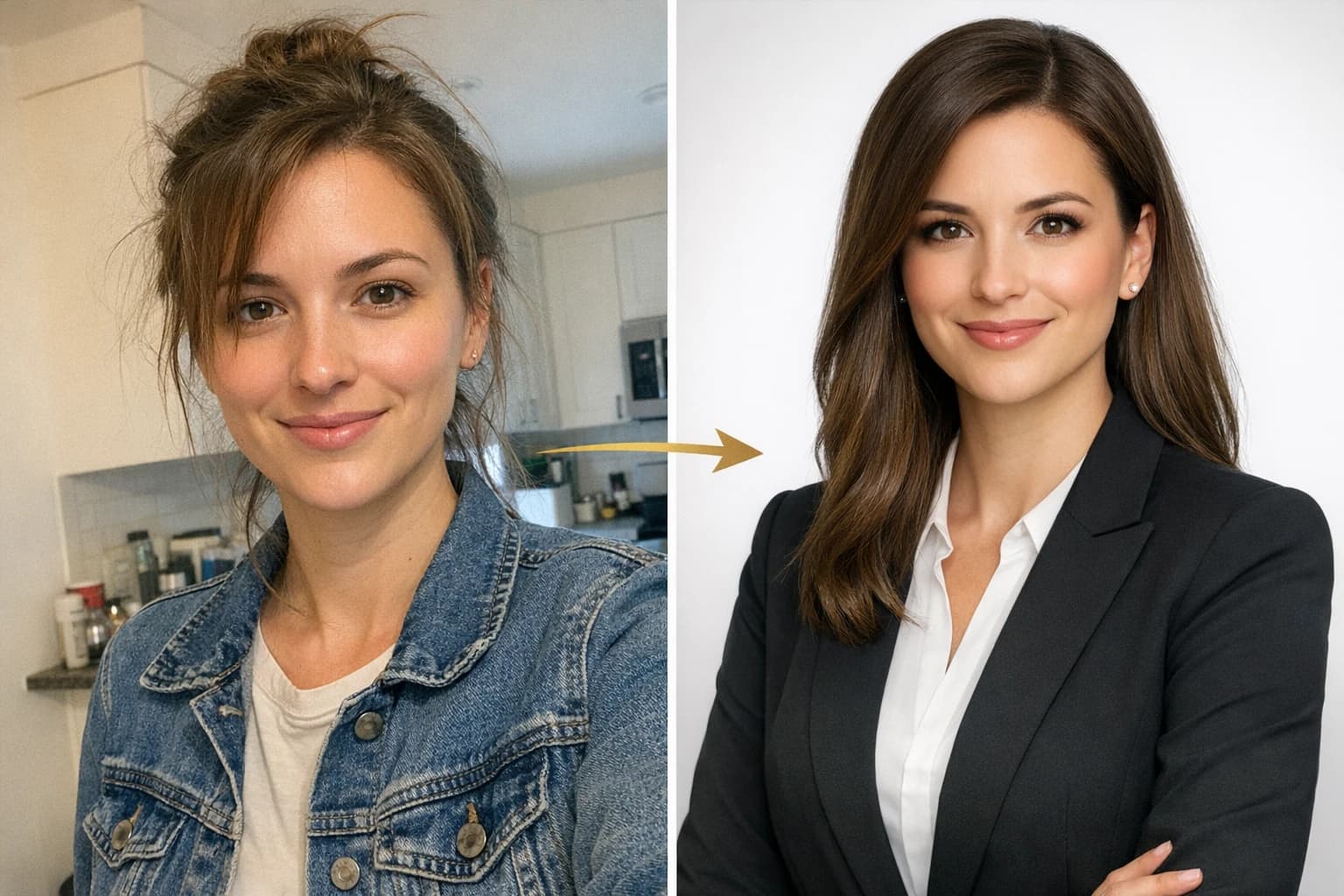 Professional photo transformation from casual selfie showing value