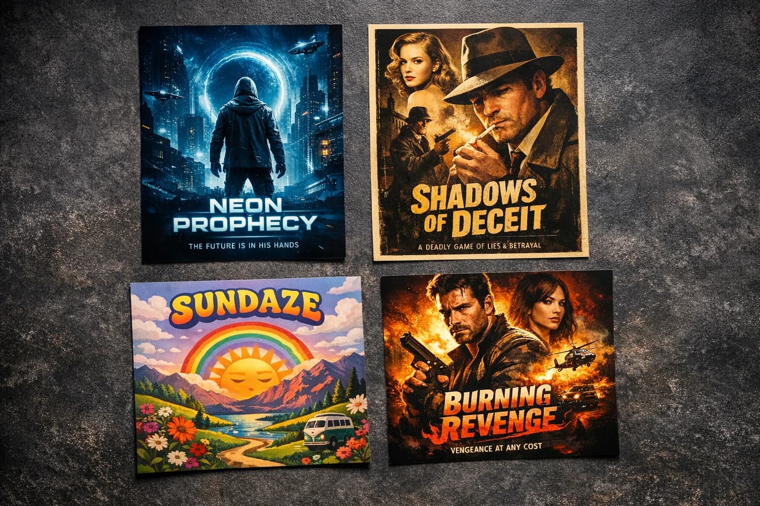 Cinematic movie posters and album covers created by AI