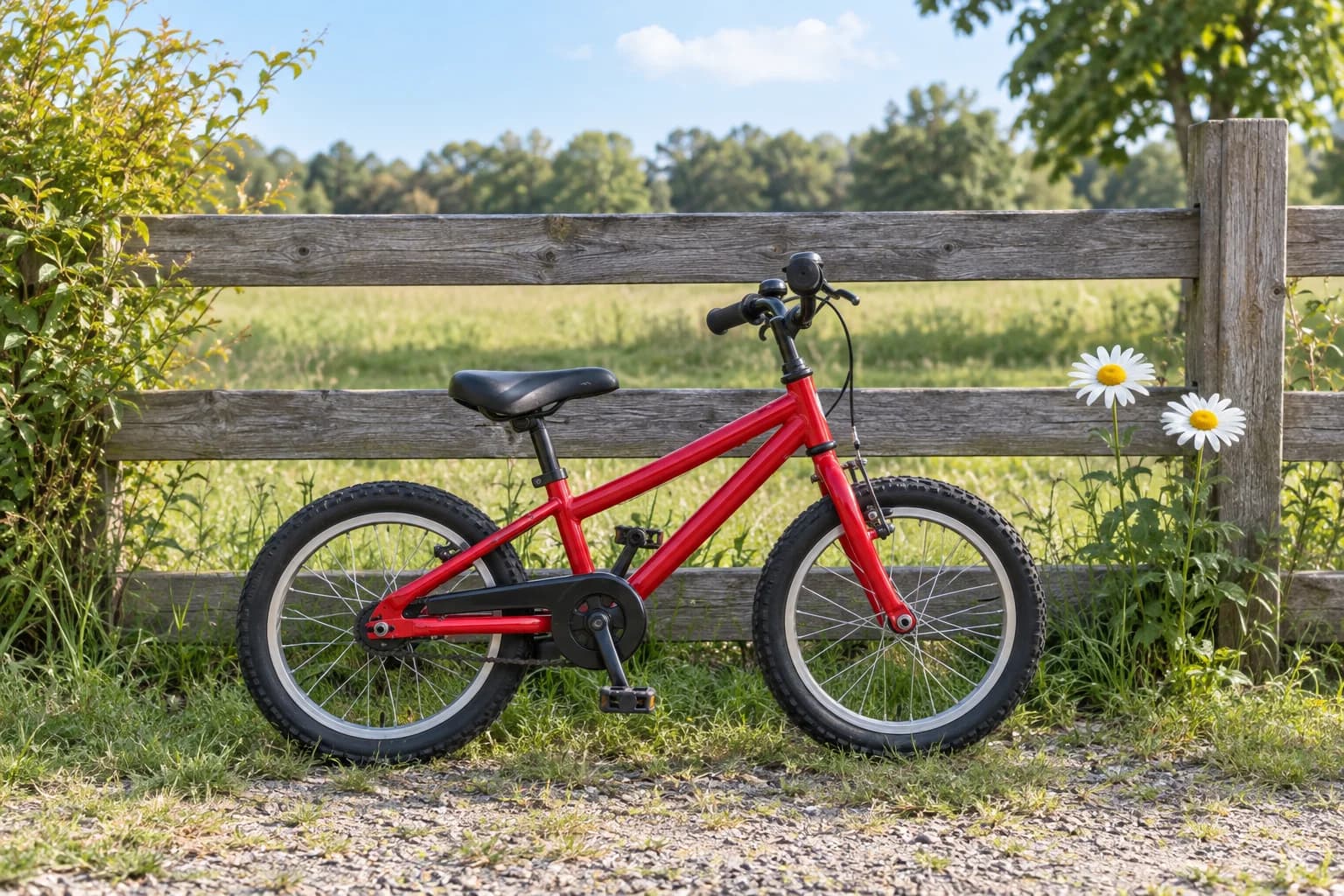 Original photo of a red child’s bicycle beside a fence and flowers