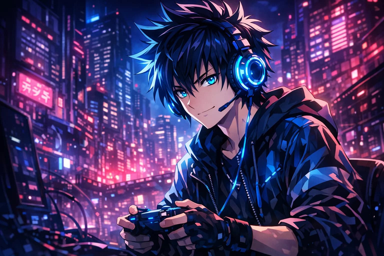 2D Japanese anime style illustration of a gamer