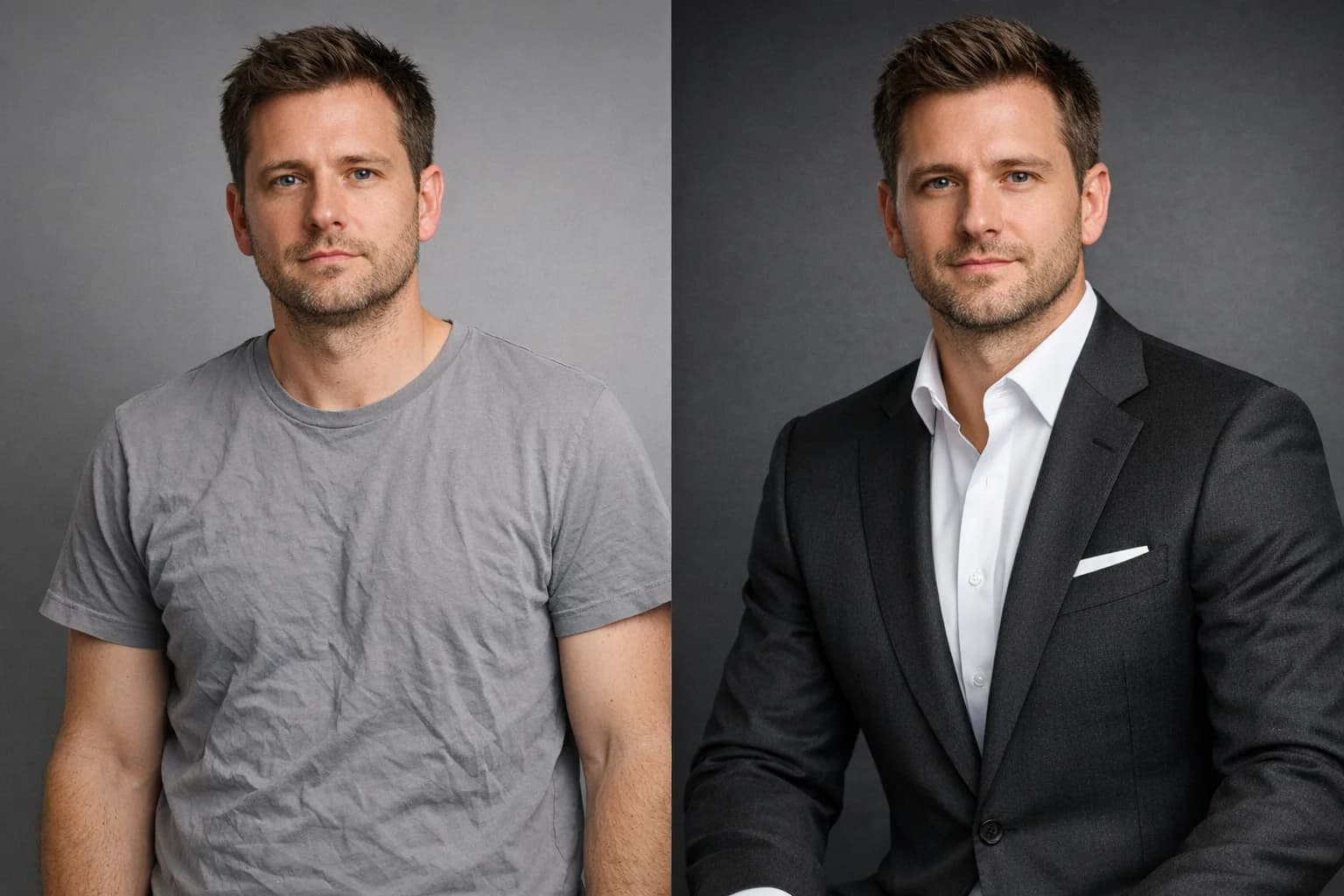 Split screen showing a t-shirt transformed into a tailored business suit