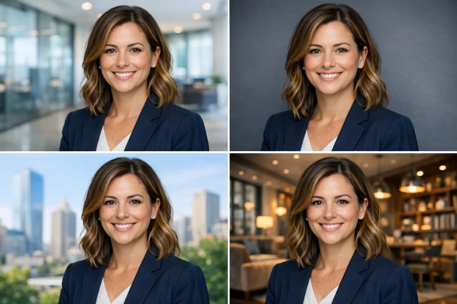 Grid of the same headshot with four different professional backgrounds