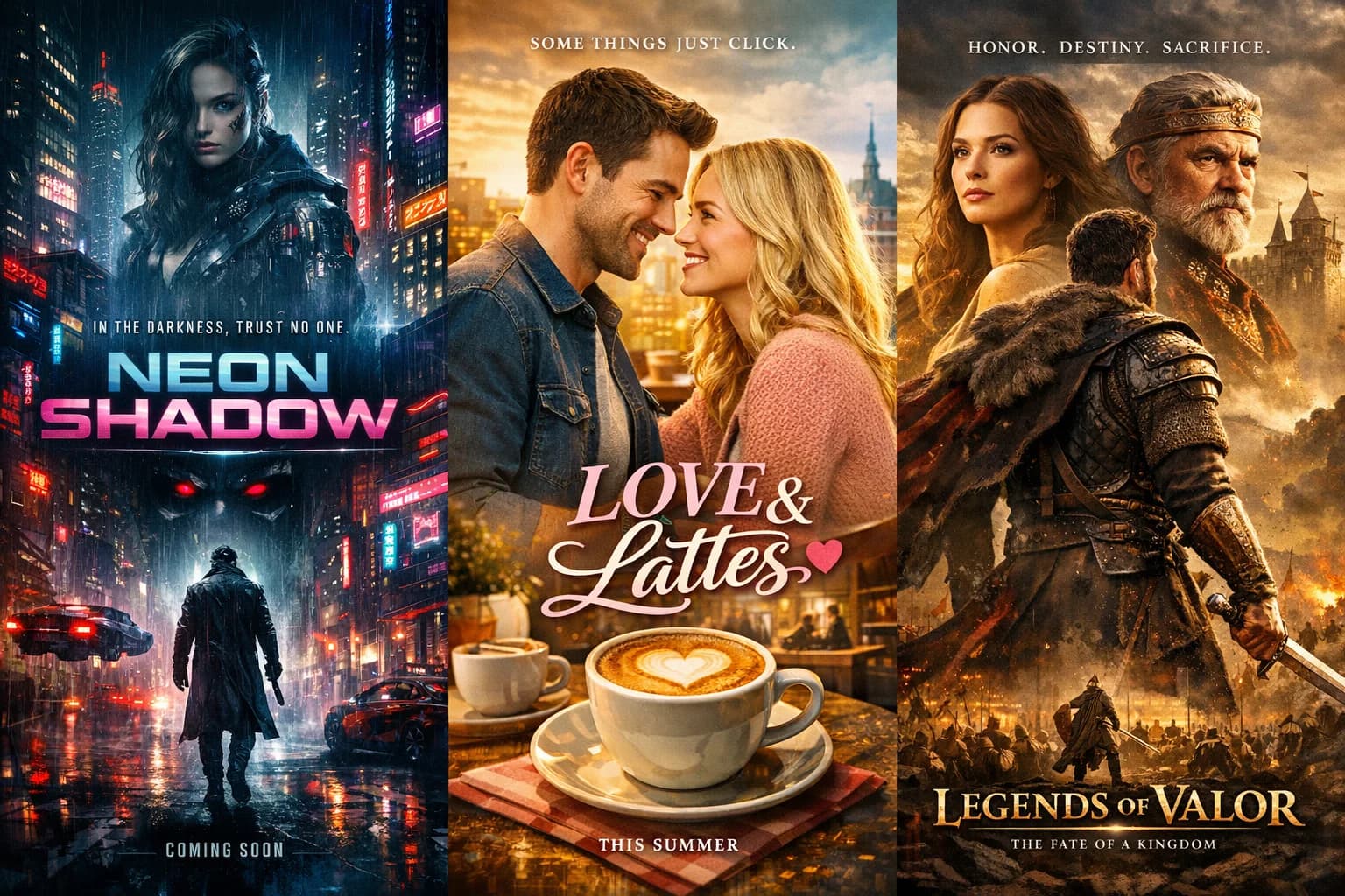Grid collage of diverse cinematic AI generated movie posters