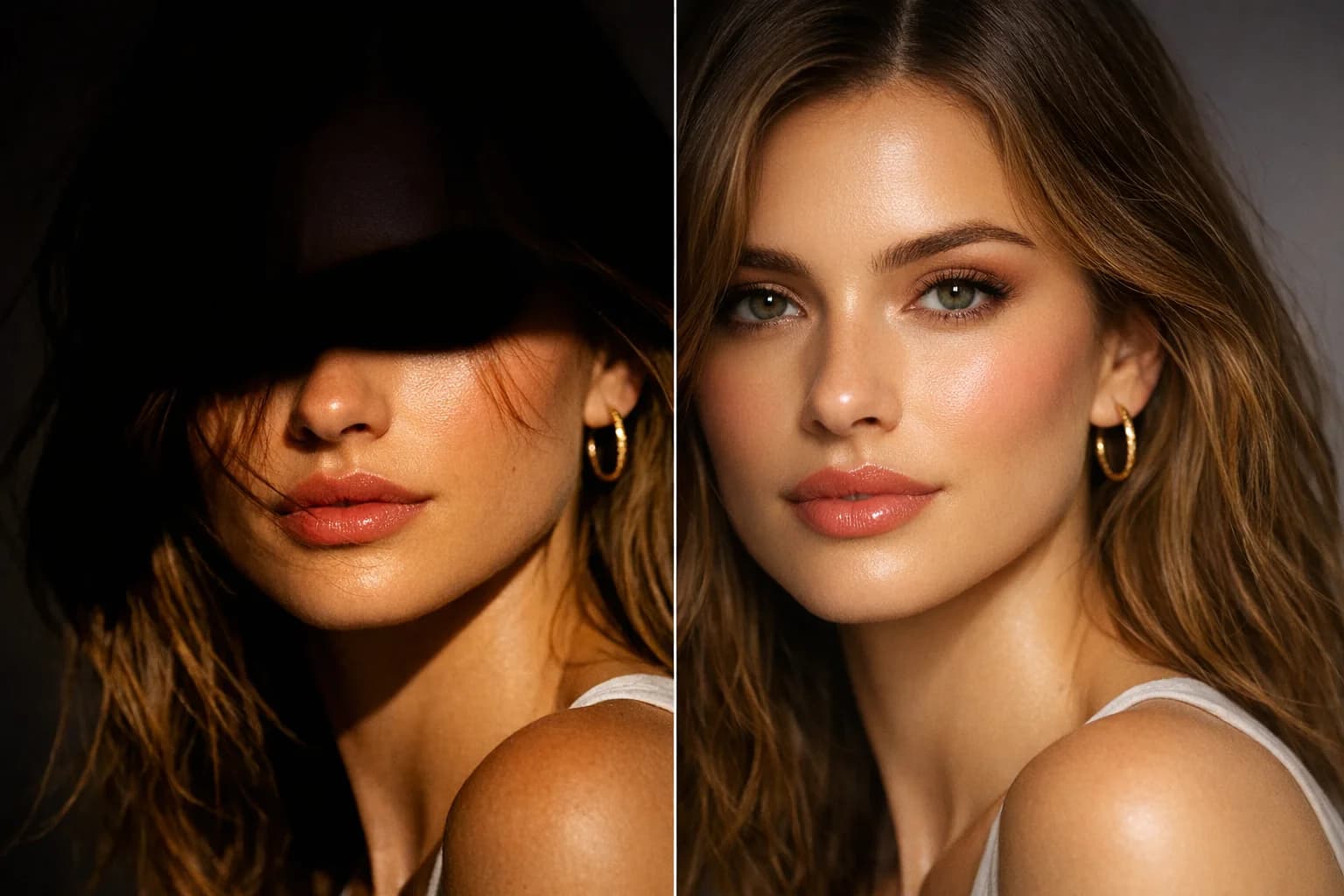 Split screen showing face shadow removal