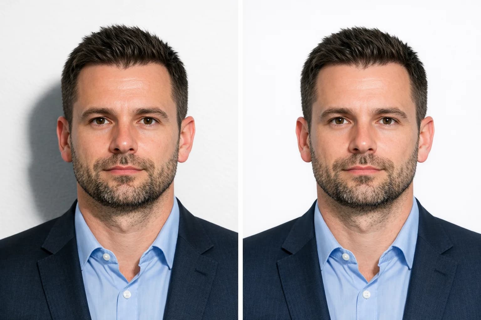 Split screen showing ID photo shadow correction