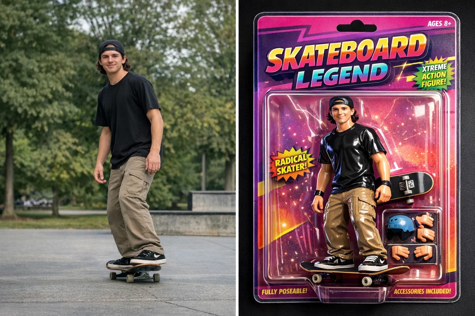 Split screen showing a normal photo transformed into a plastic action figure
