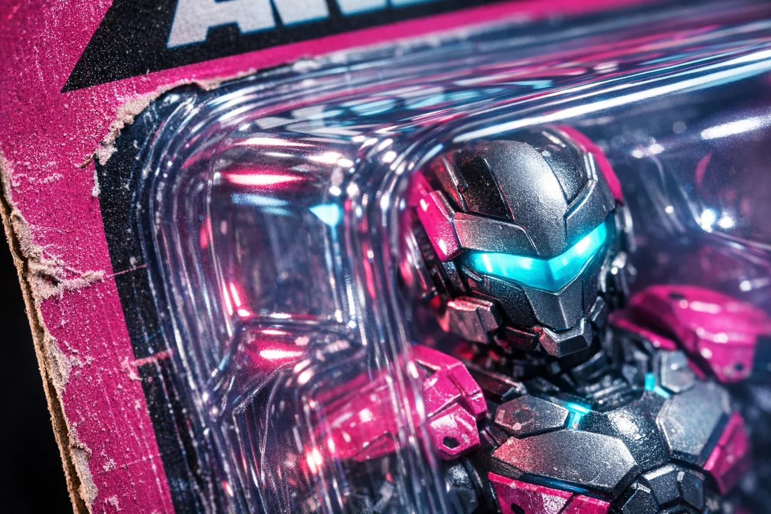 Macro close up of realistic toy box packaging and plastic textures