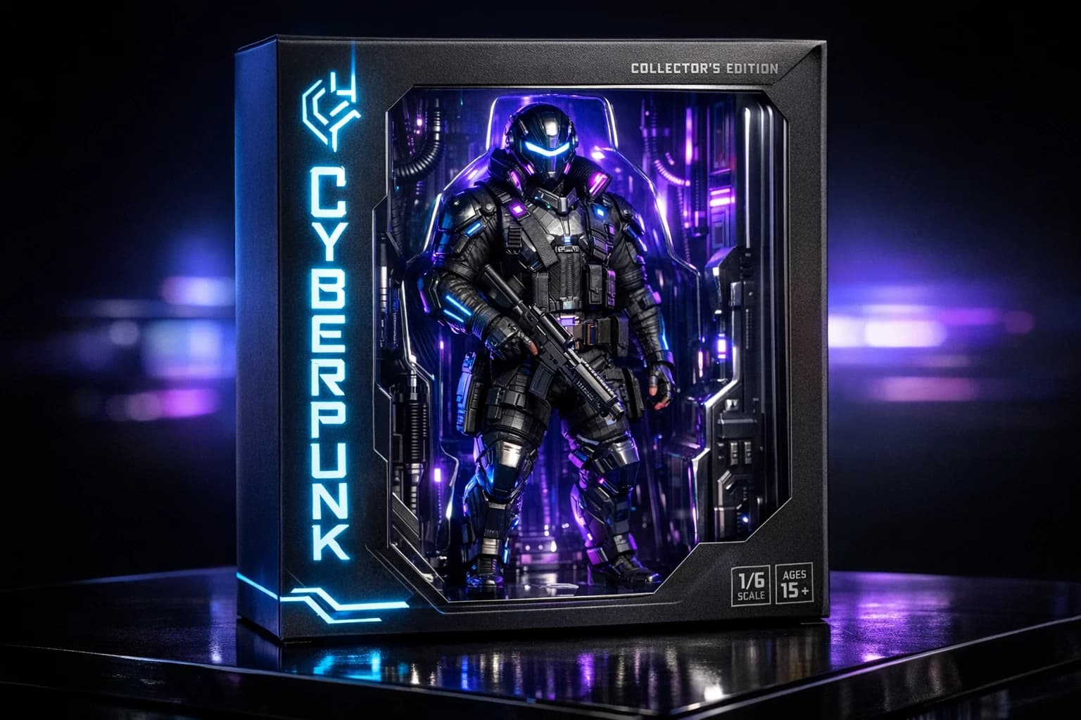 Stunning hero shot of a premium action figure toy box