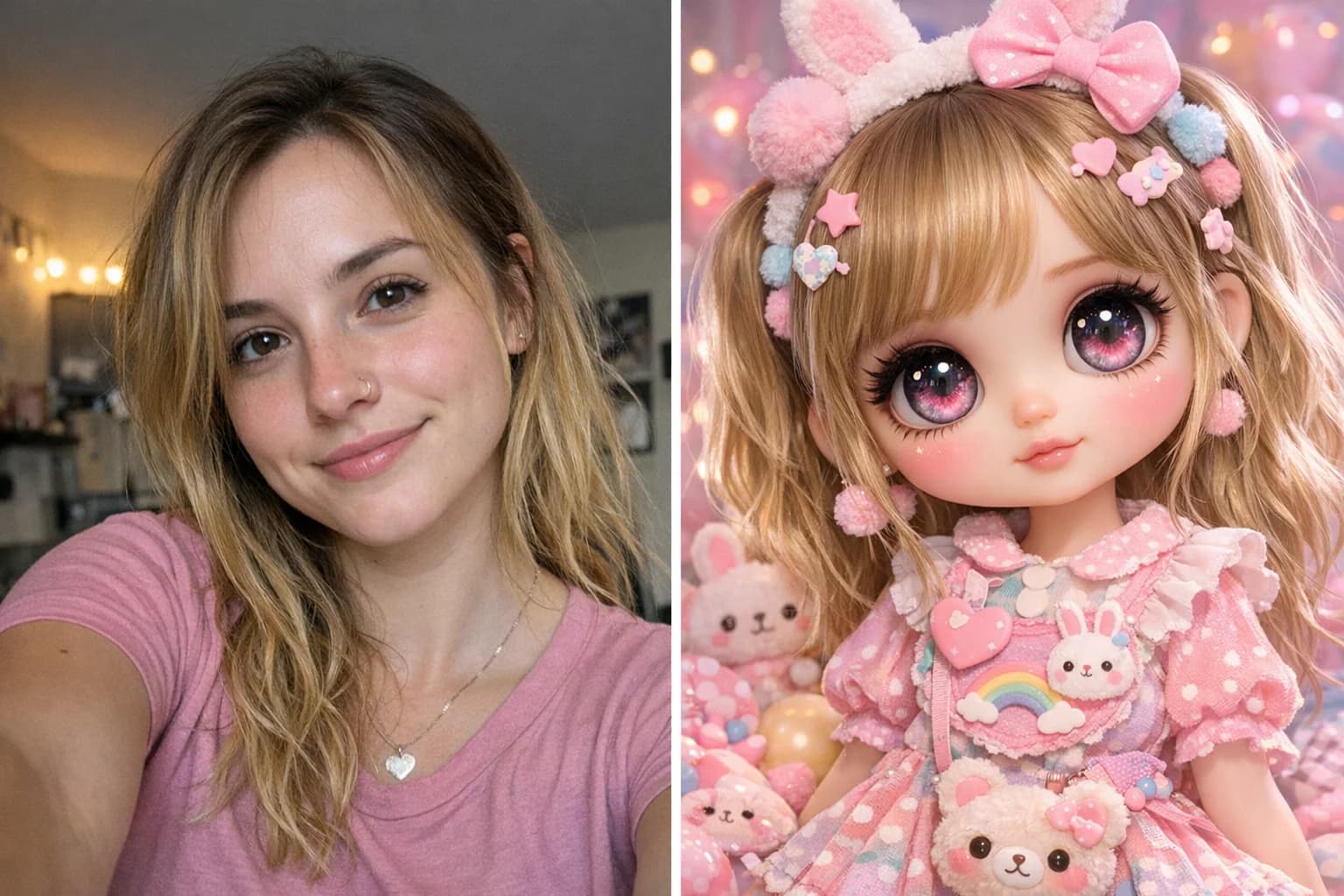 Split screen showing realistic face transformed into Blythe doll