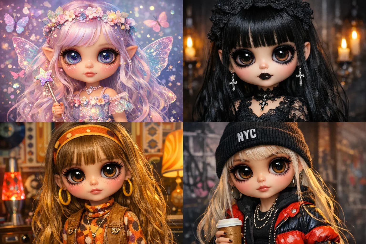 Grid of four different Blythe doll fashion styles
