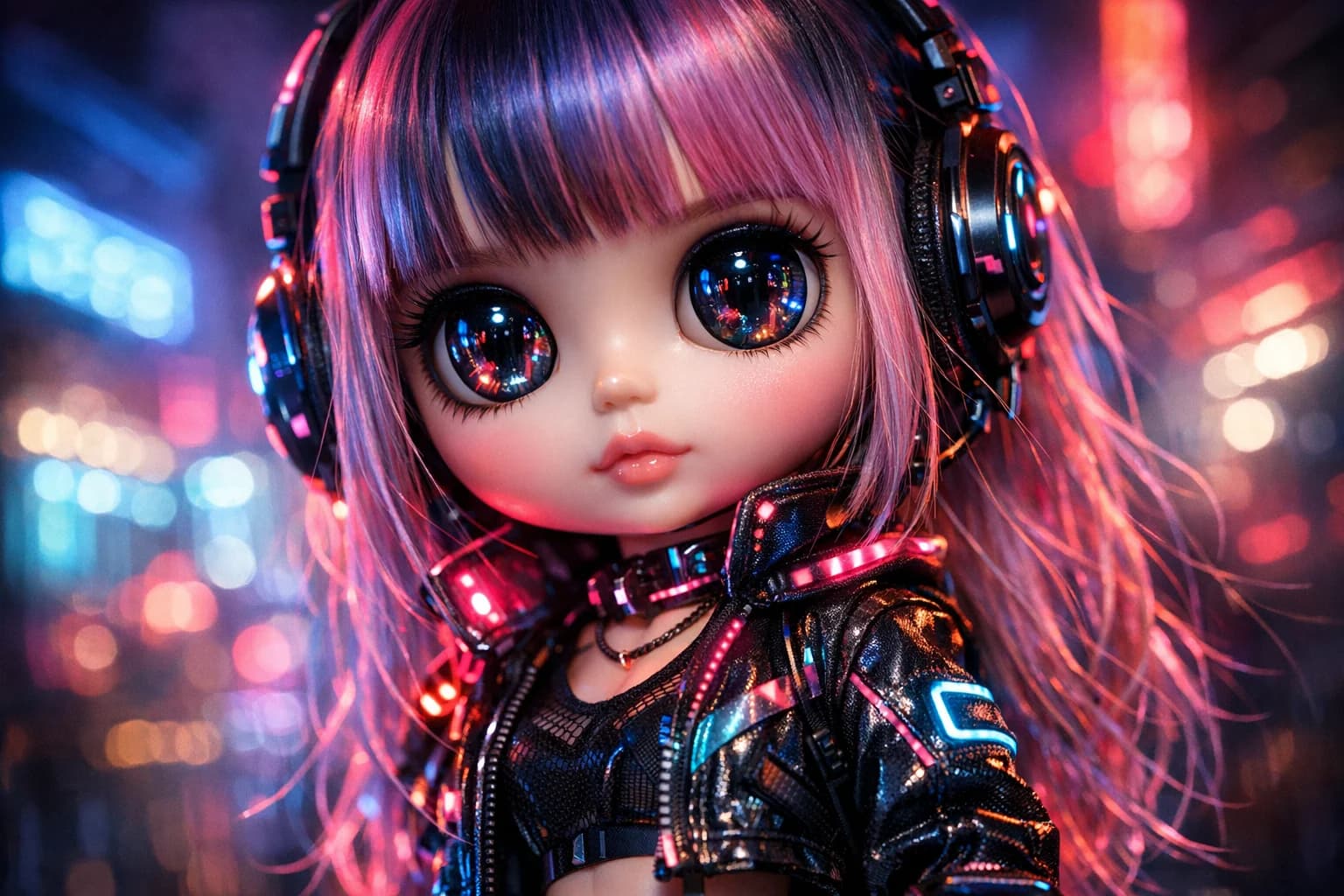 Stunning neon cyberpunk Blythe doll portrait