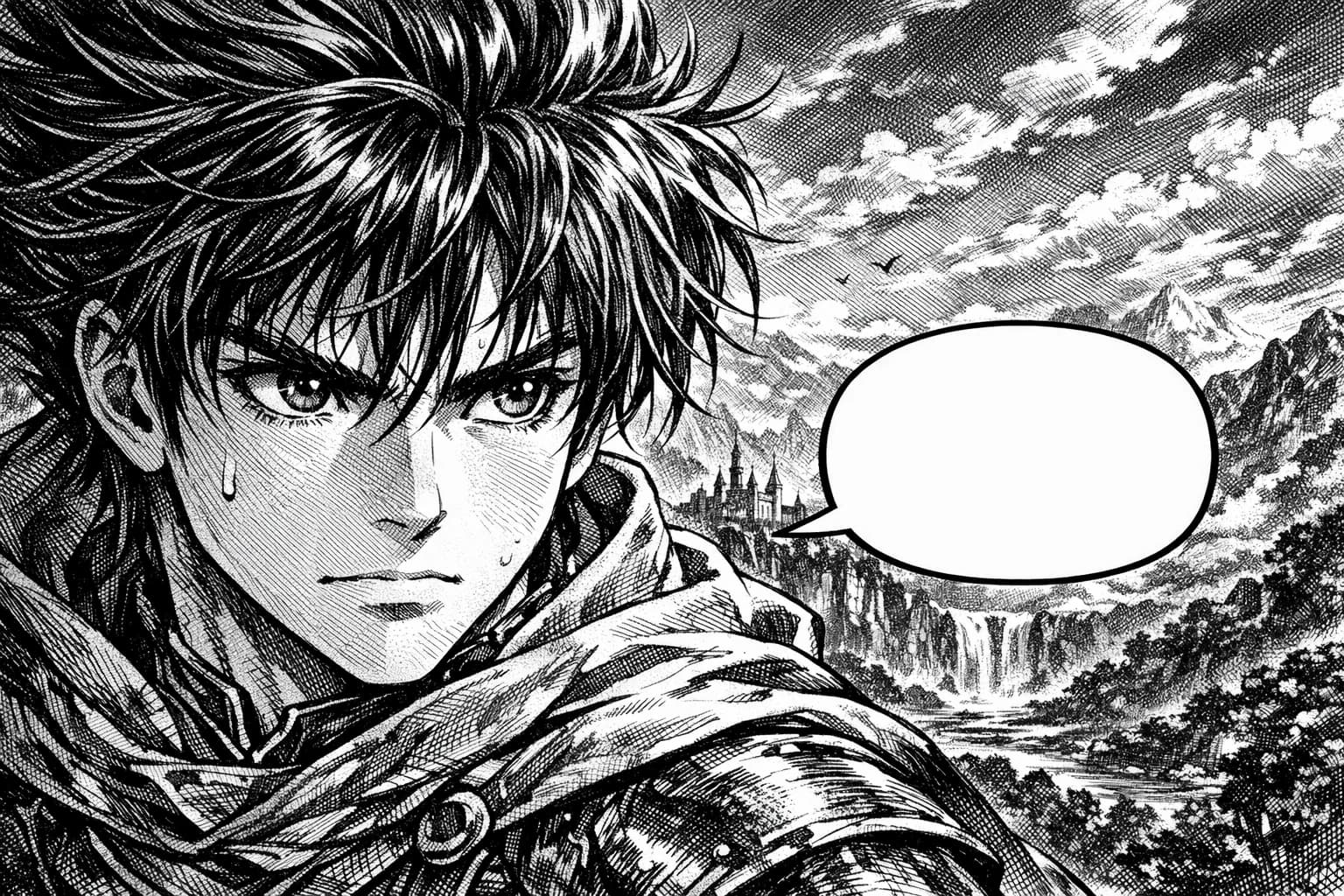 Close-up of flawlessly restored manga artwork behind a speech bubble