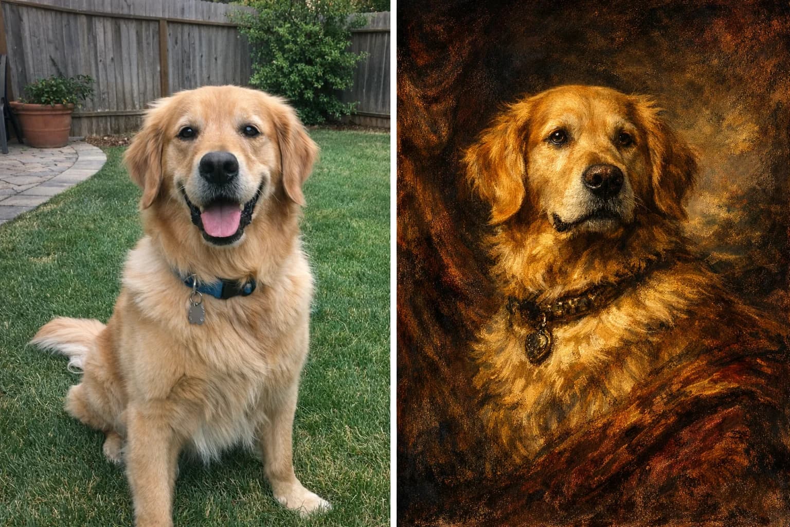 Split screen photo to oil painting transformation of a dog