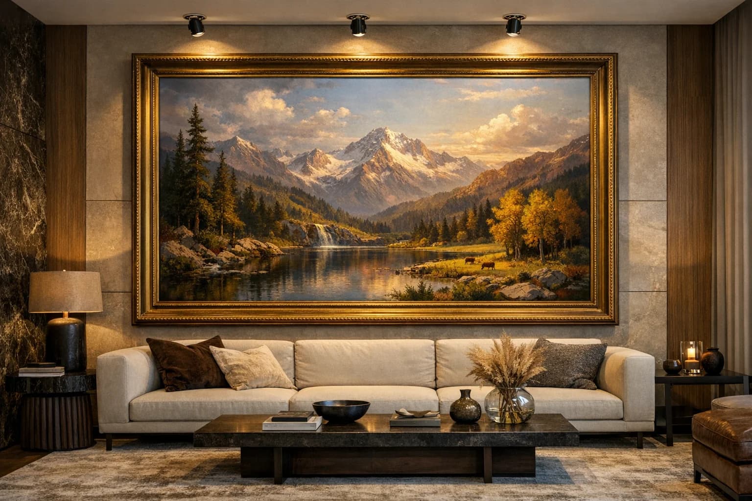 Large printed oil painting hanging in a modern living room