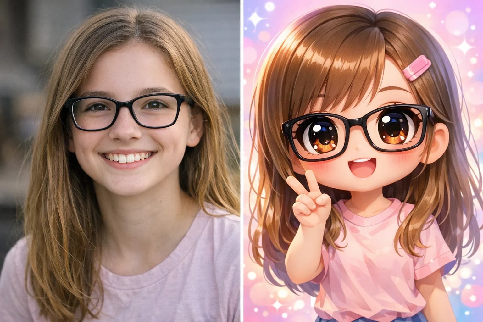 Split screen showing photo to chibi transformation