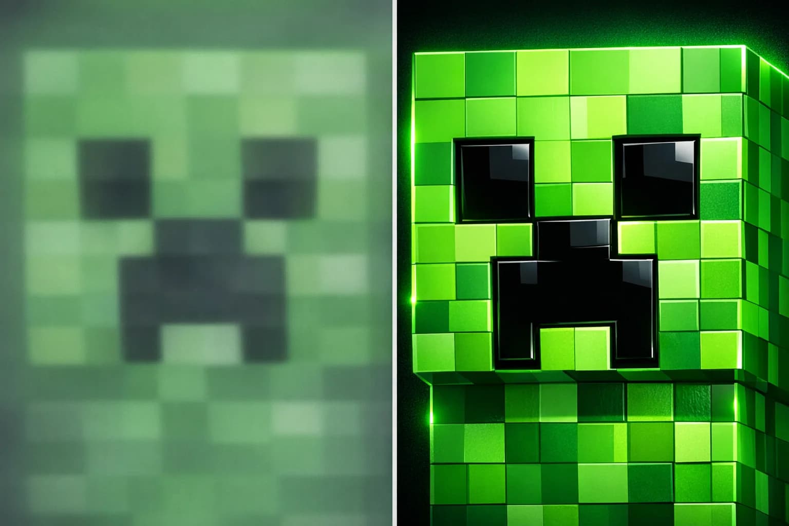 Split screen comparing blurry image to crisp high-res pixel art