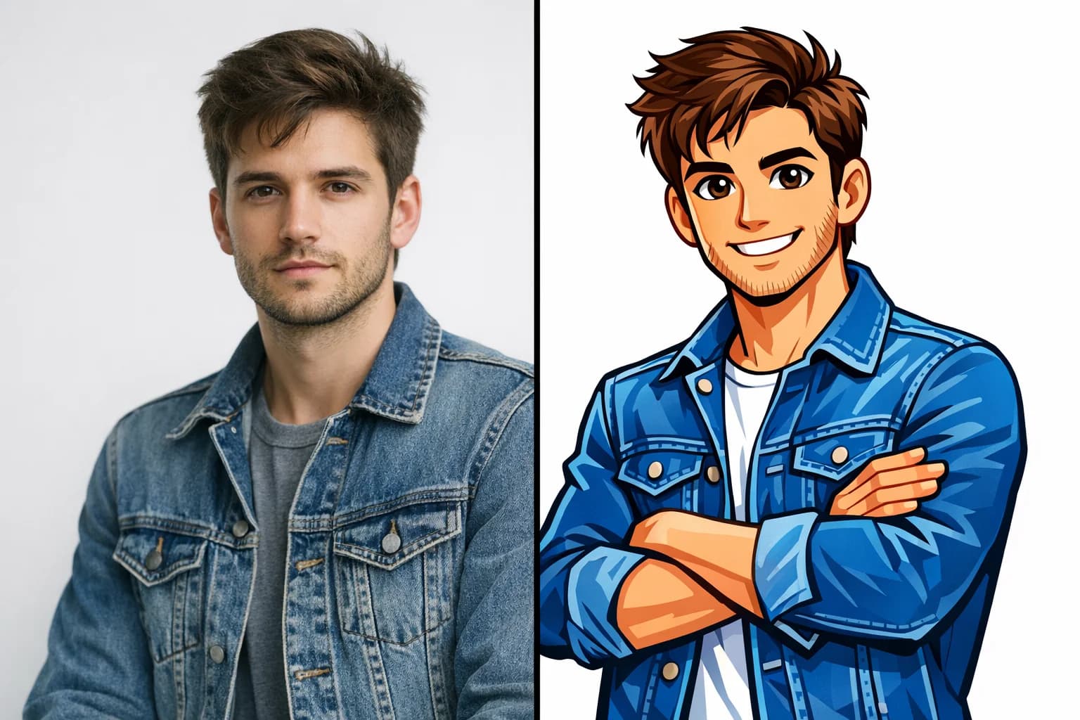 Split screen showing photo to cartoon transformation