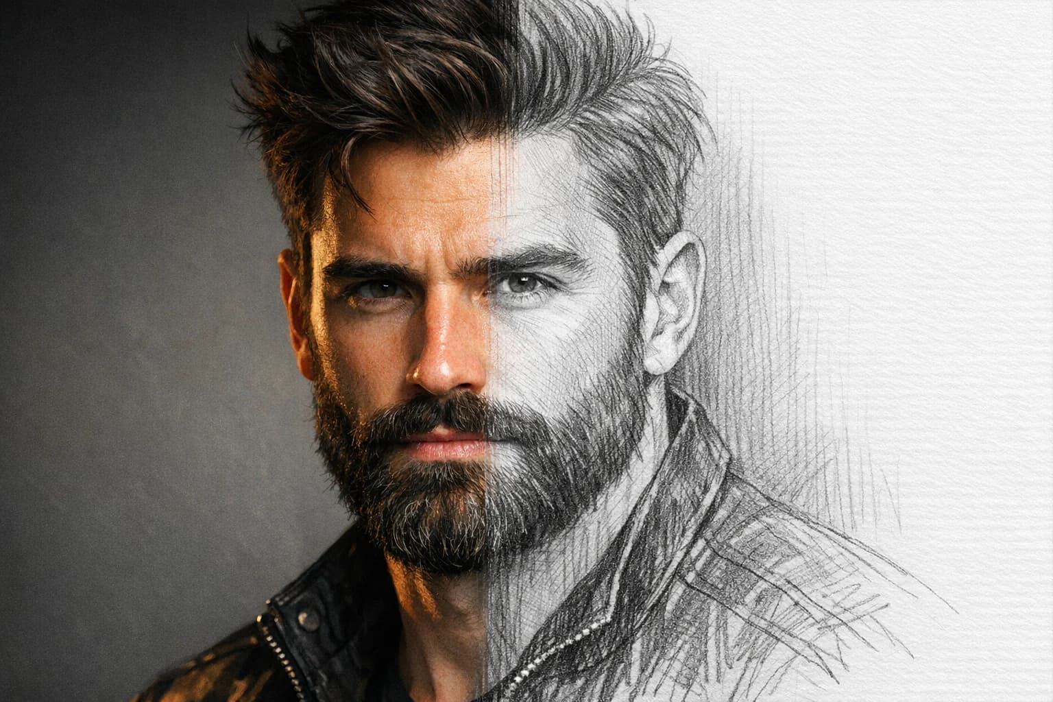 Split screen showing photo to sketch transformation