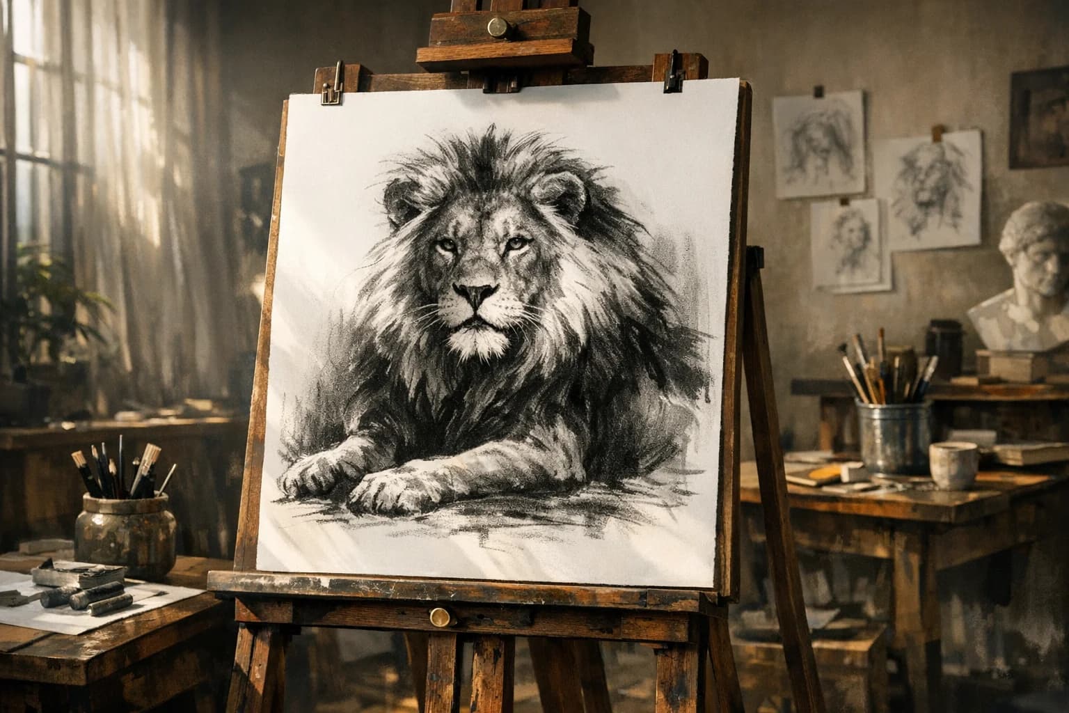 Finished charcoal sketch on an easel