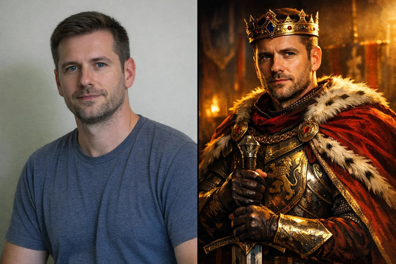 Split screen showing casual photo transformed into cinematic warrior