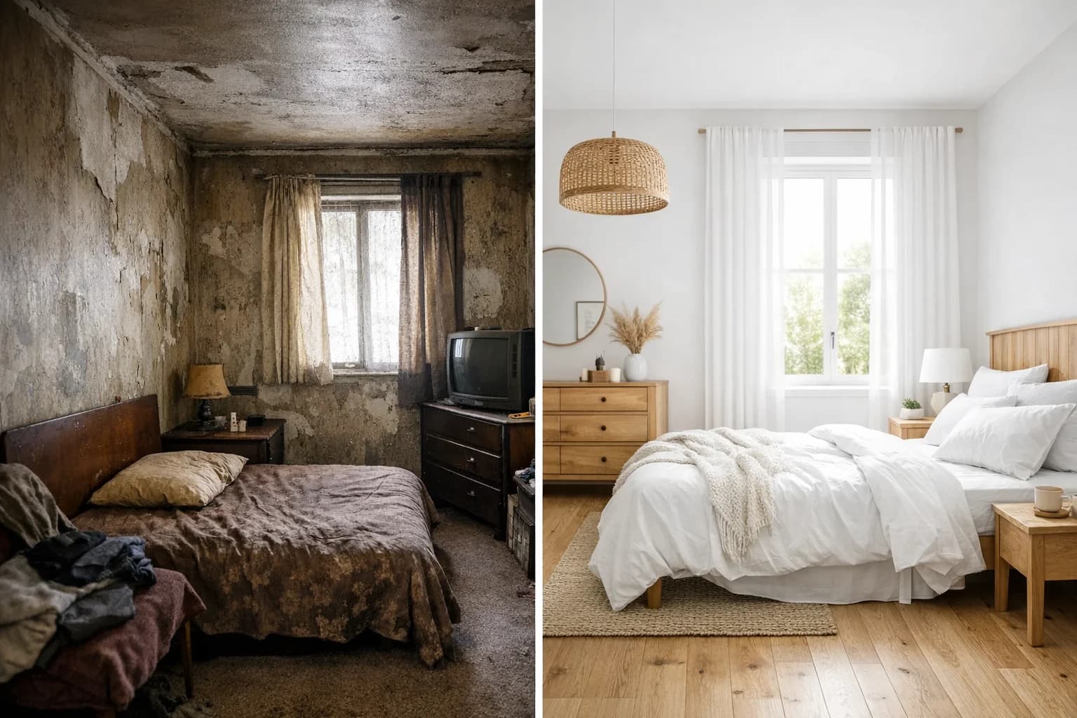 Before and after split screen of a room redesign