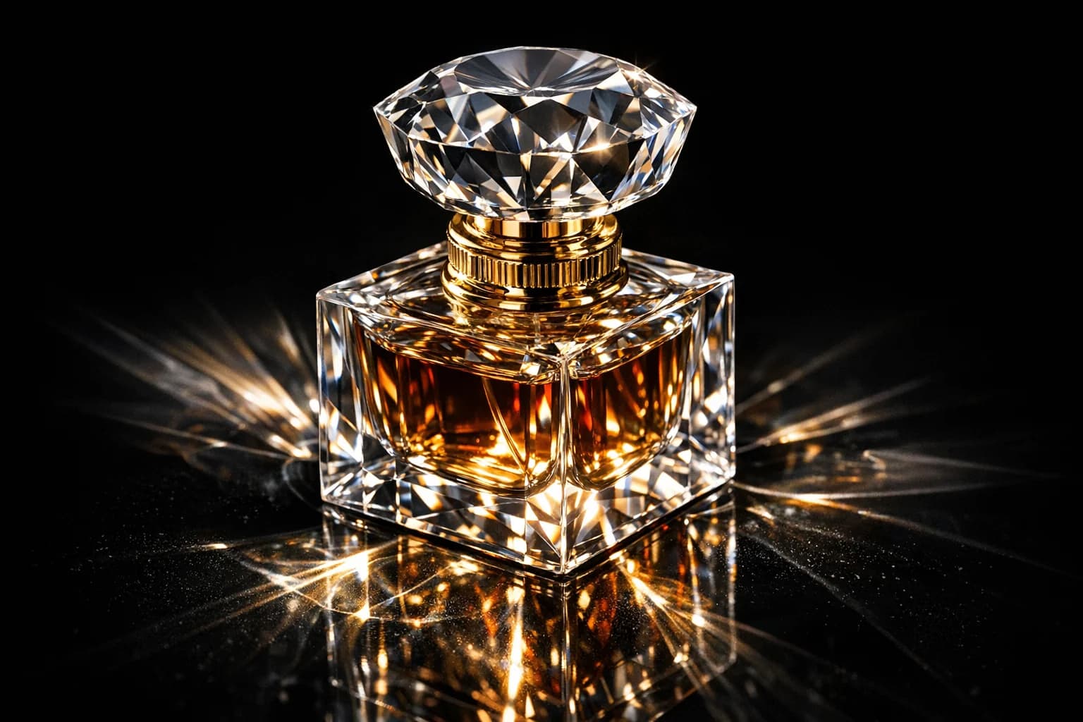 Macro close-up of a perfume bottle showing perfect shadow integration