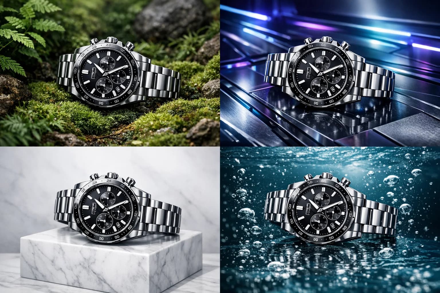 Grid of four distinct backgrounds for the same luxury watch