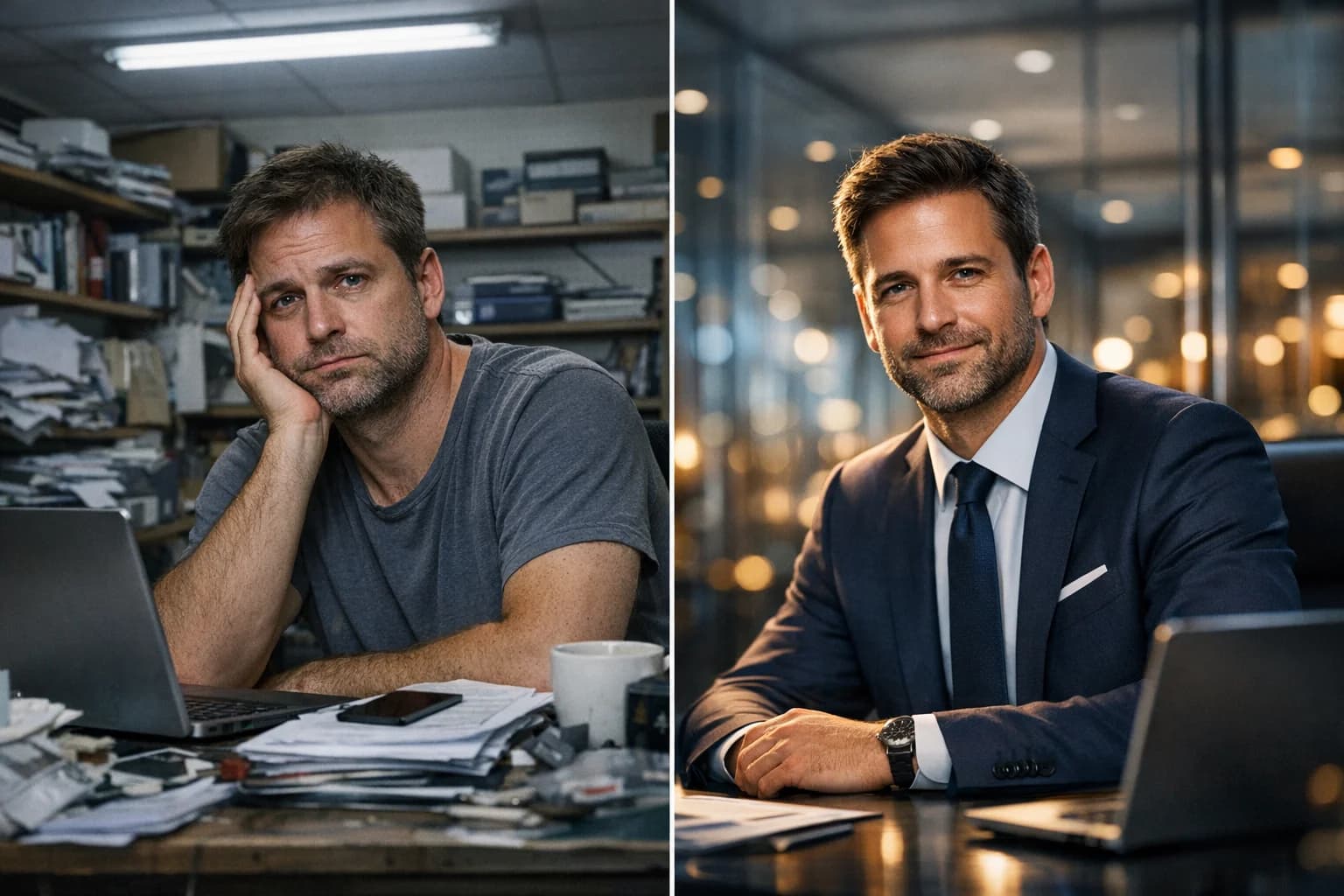 Split screen of a messy room vs a modern corporate office background