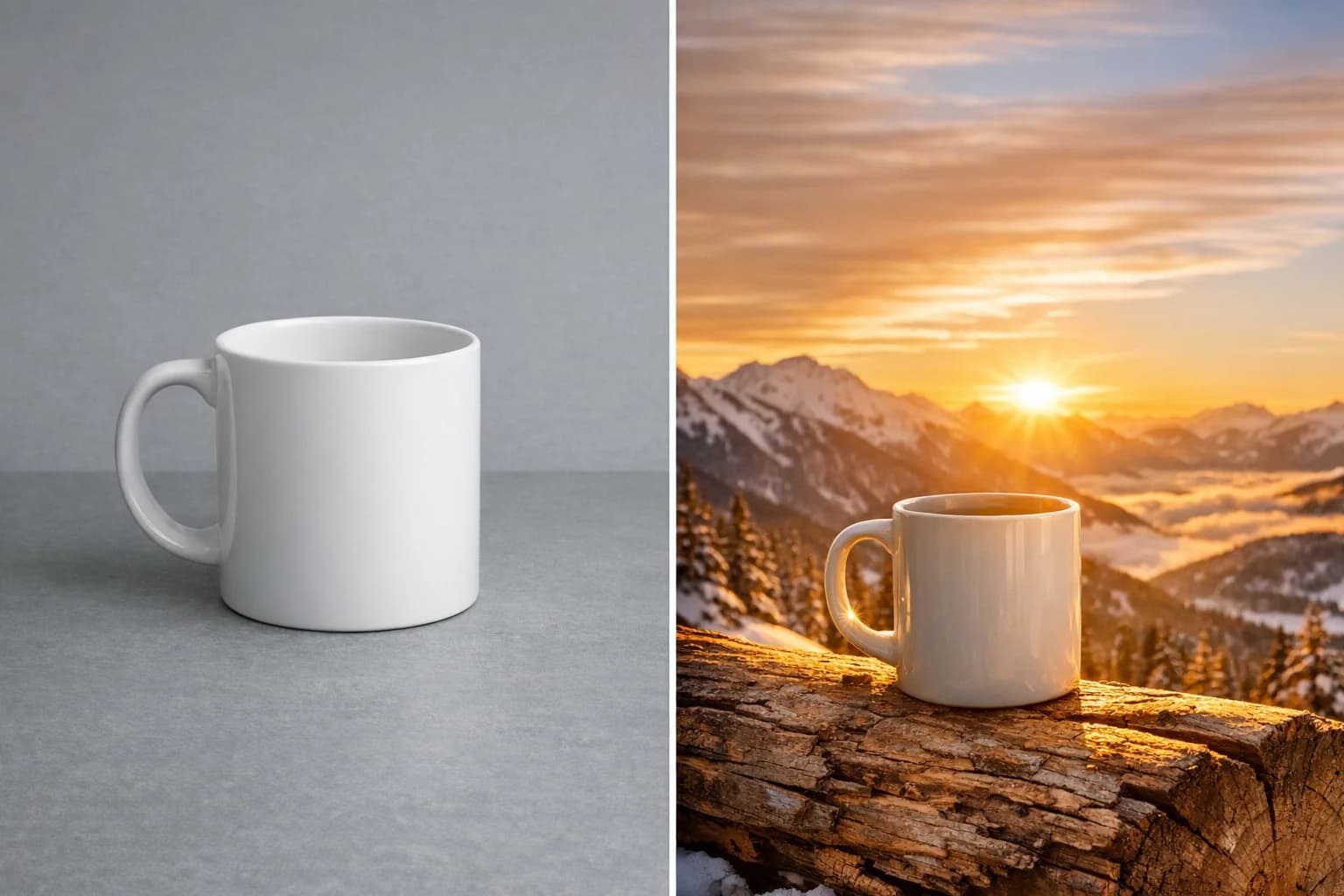 Split screen showing a plain coffee mug transformed into a snowy mountain sunrise scene