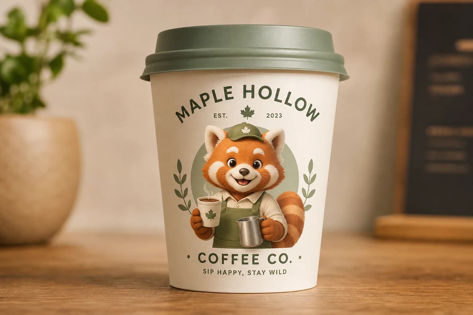 3D cute red panda barista mascot on a coffee cup mockup