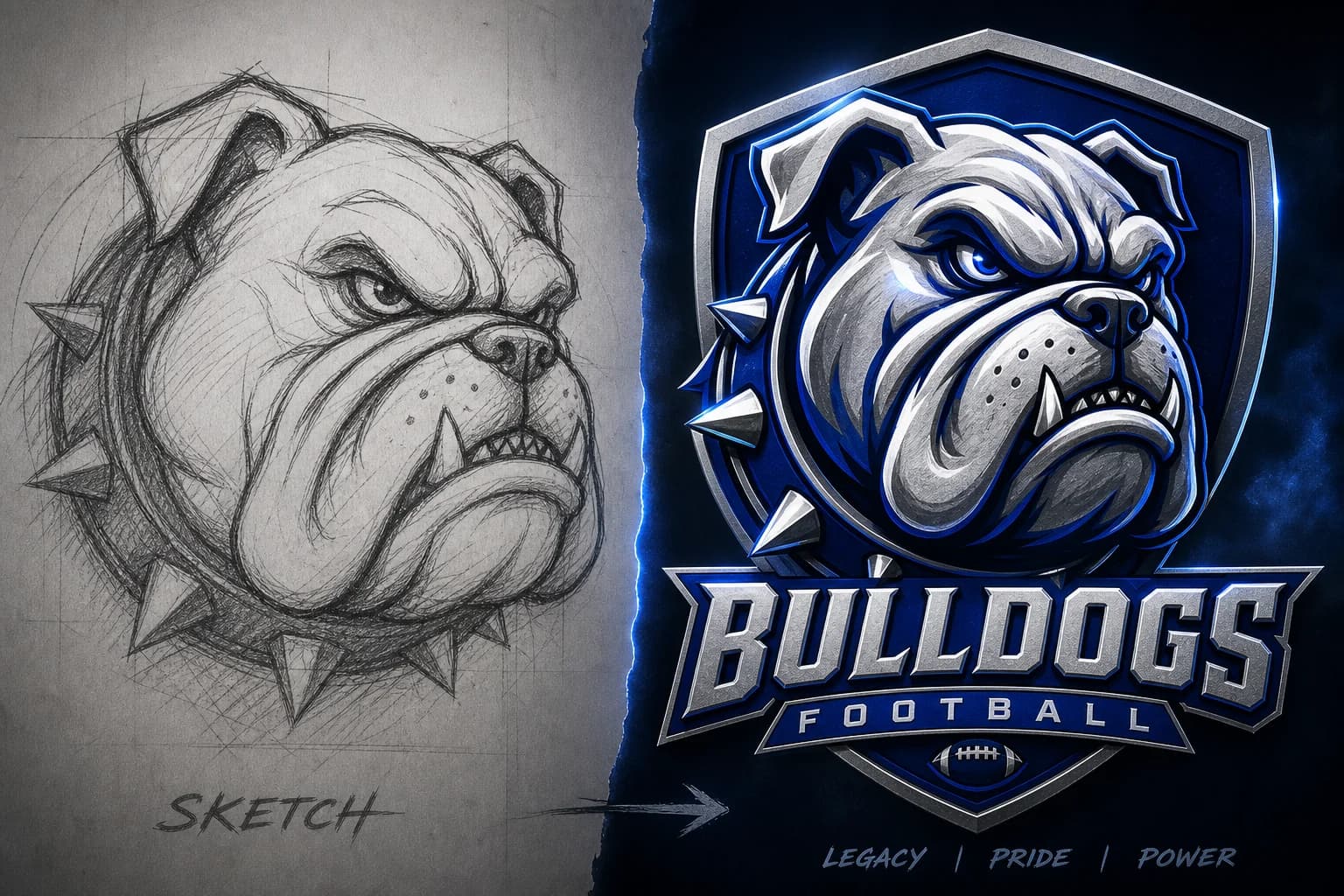 Split screen showing sketch to polished sports mascot