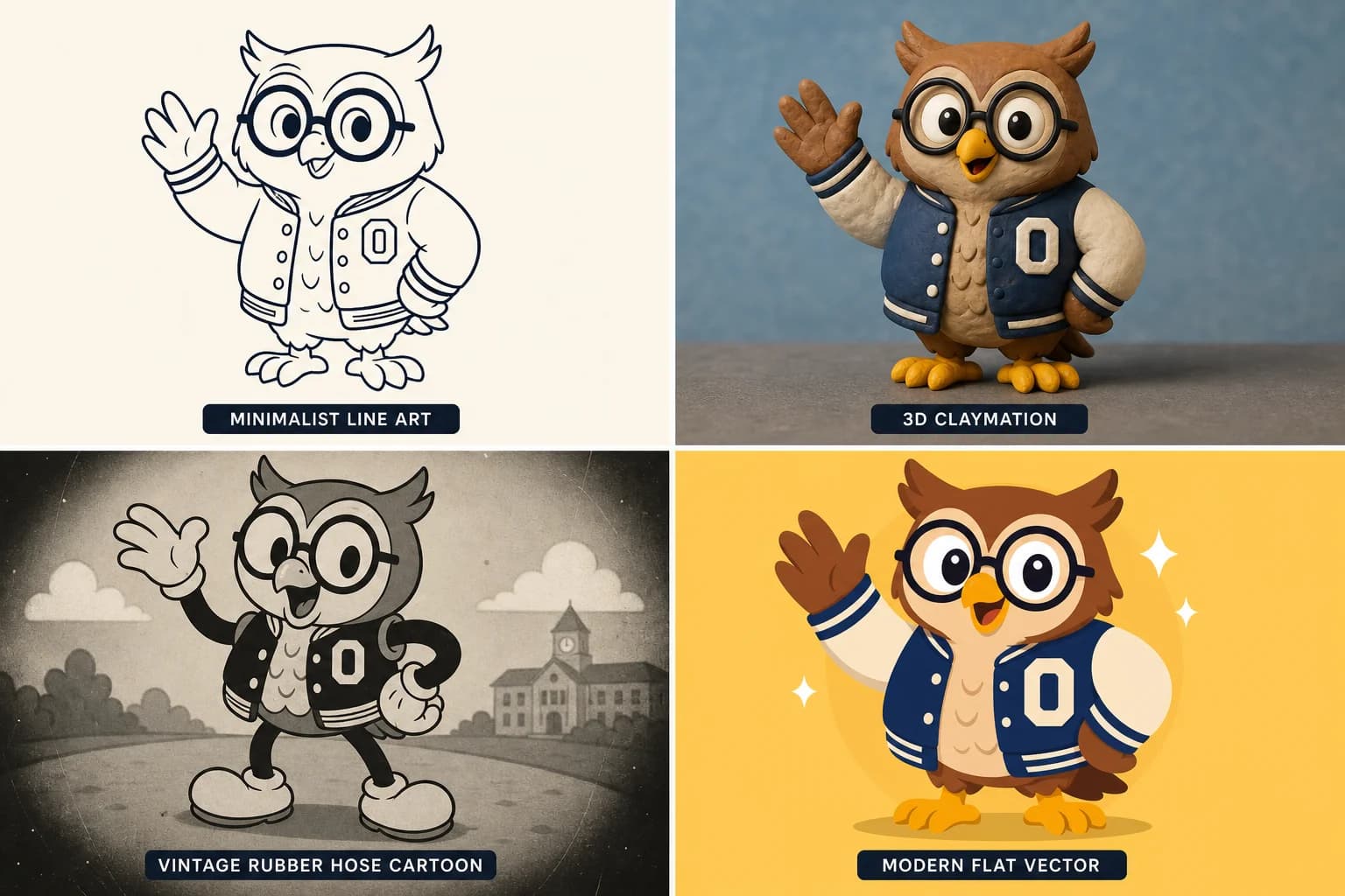 Grid showing one owl mascot in four different art styles