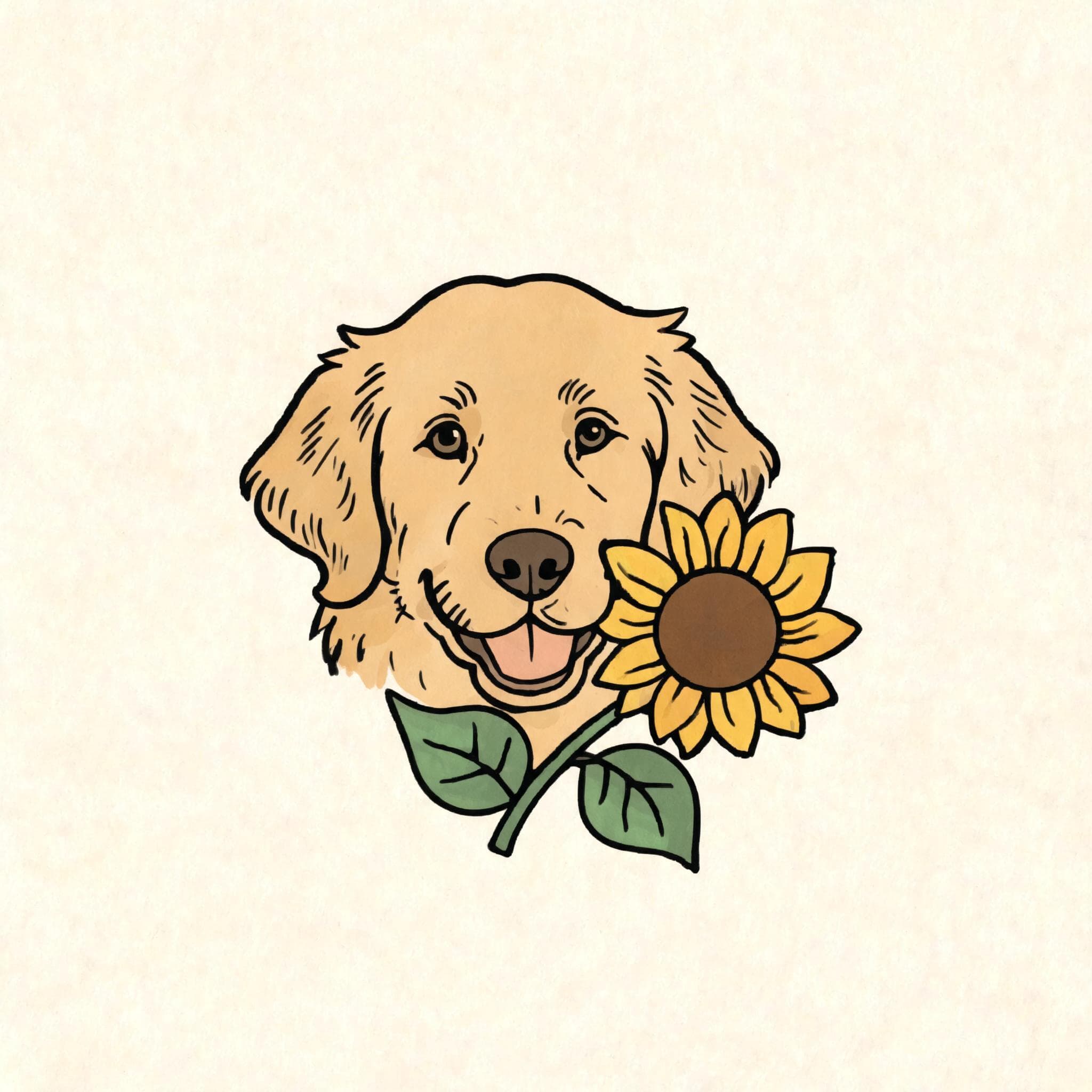 Concepto de flash para tatuaje generado con IA con golden retriever y girasol