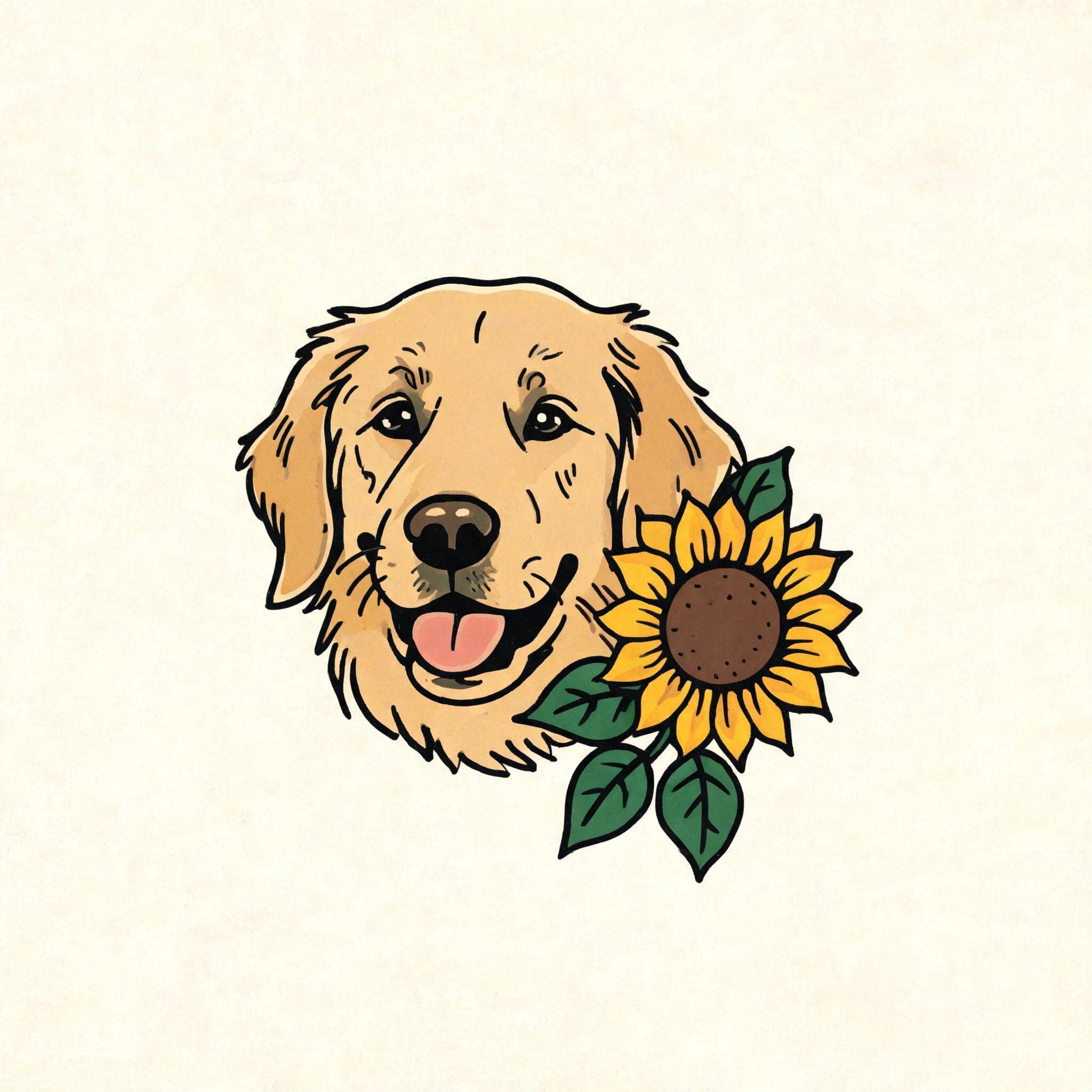 AI-generated golden retriever and sunflower tattoo flash concept