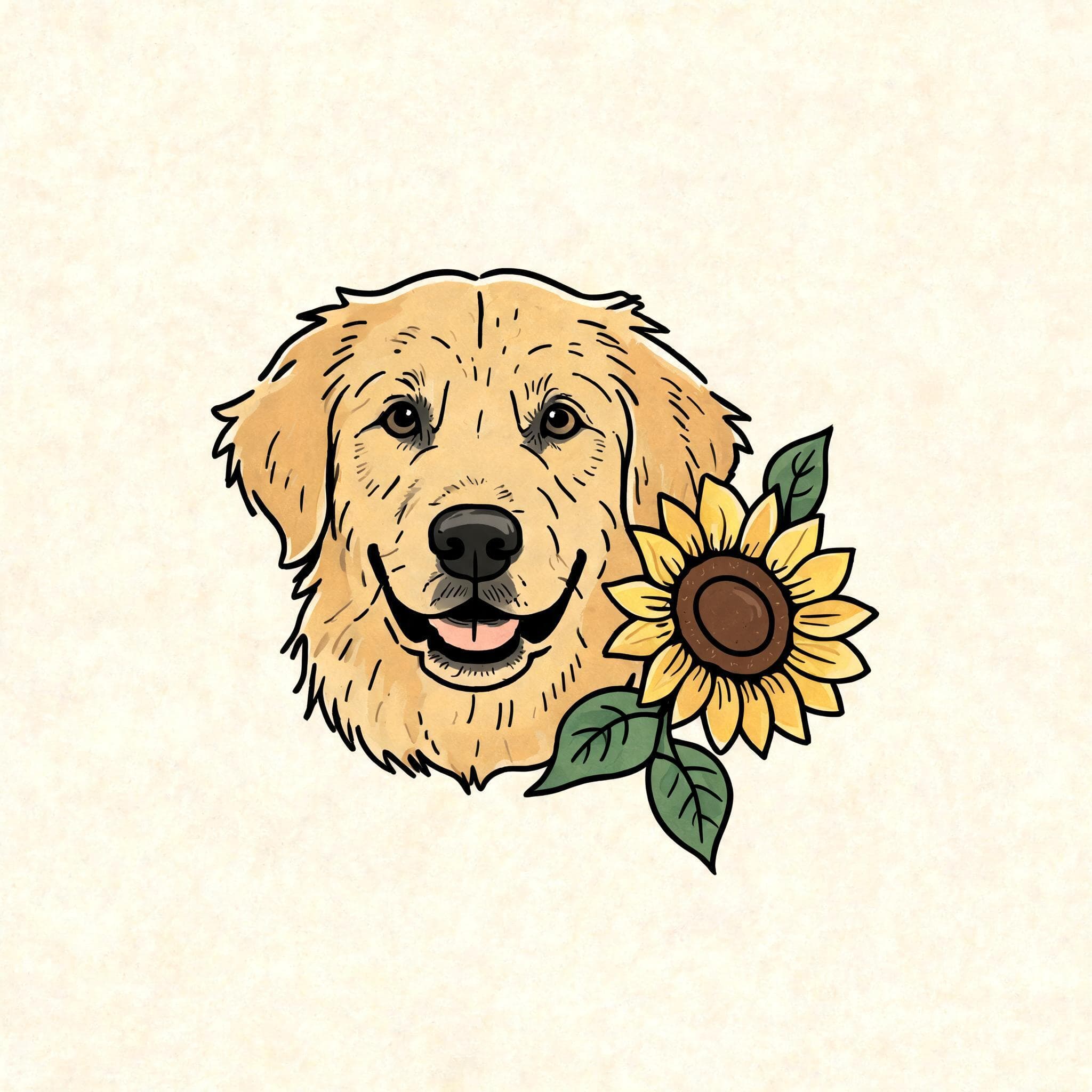 AI 產生的黃金獵犬與向日葵刺青 Flash 概念圖