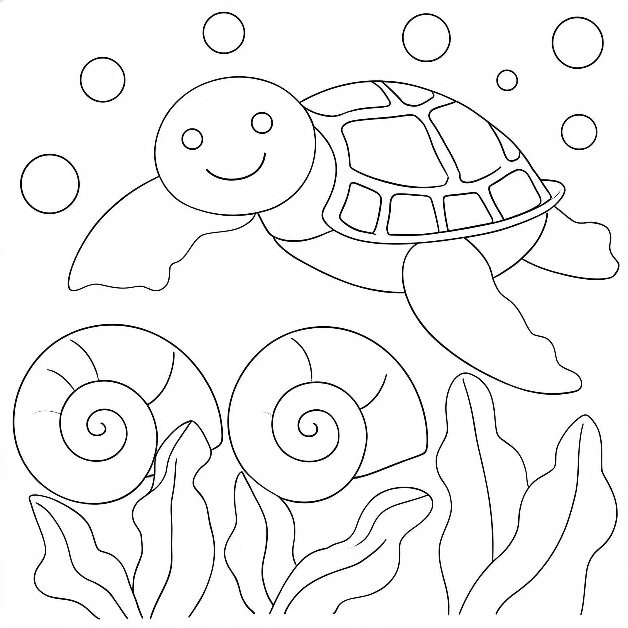 Black-and-white coloring image of a sea turtle, shells, and seaweed