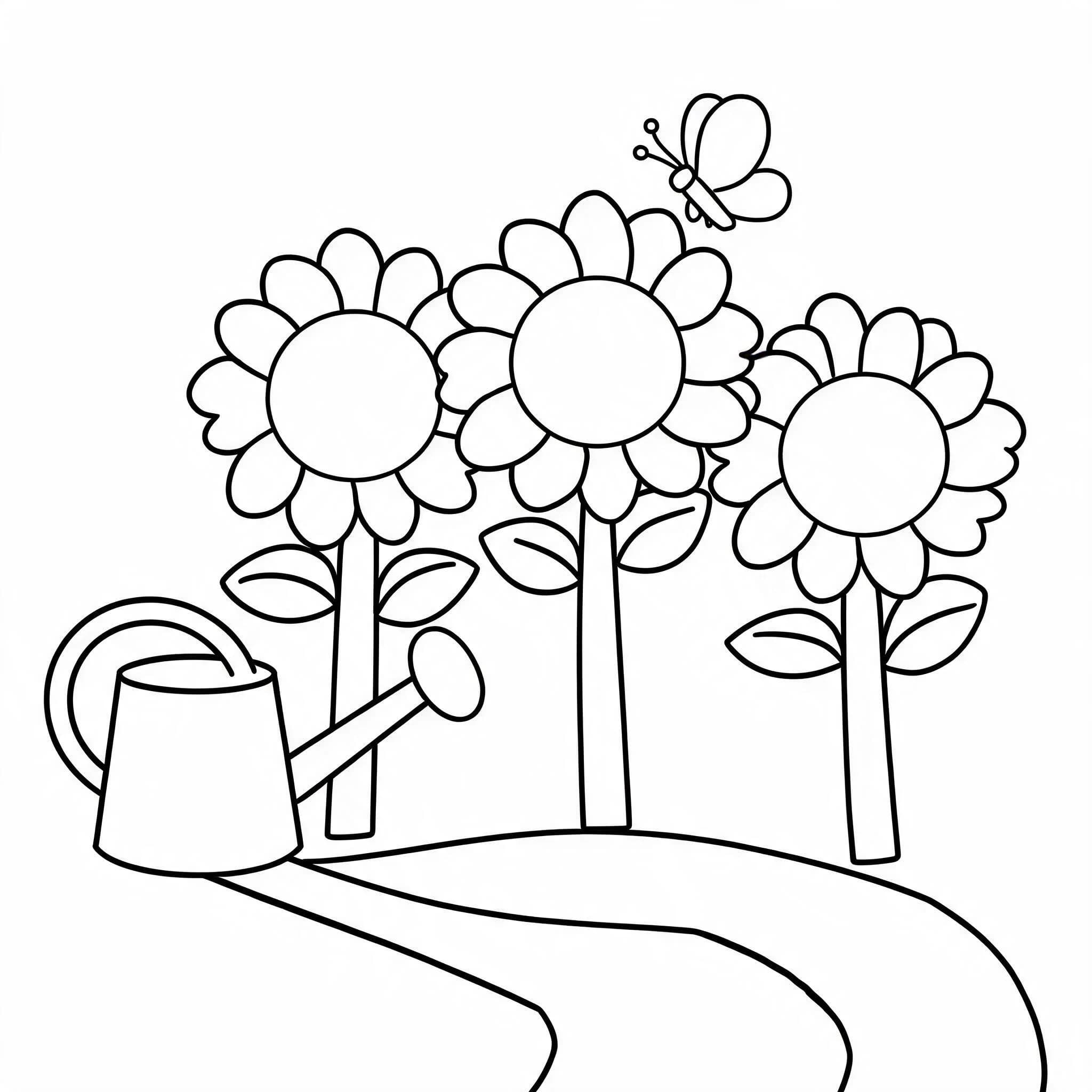 Black-and-white coloring image of a watering can, sunflowers, and butterfly