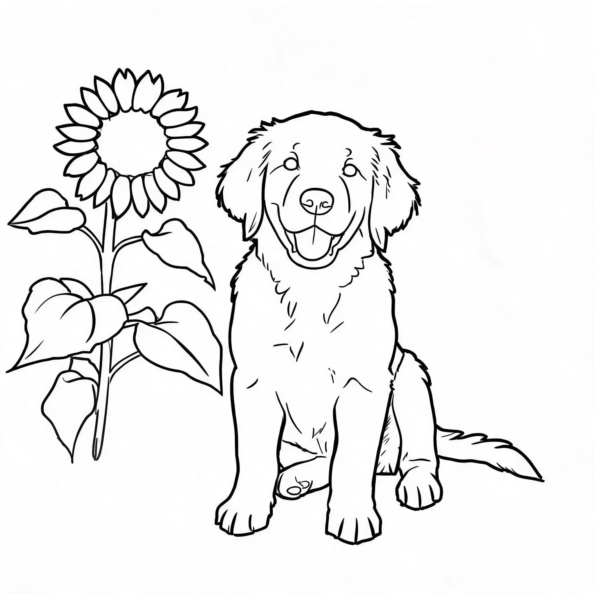 Black-and-white coloring image of the puppy and sunflower generated from the photo