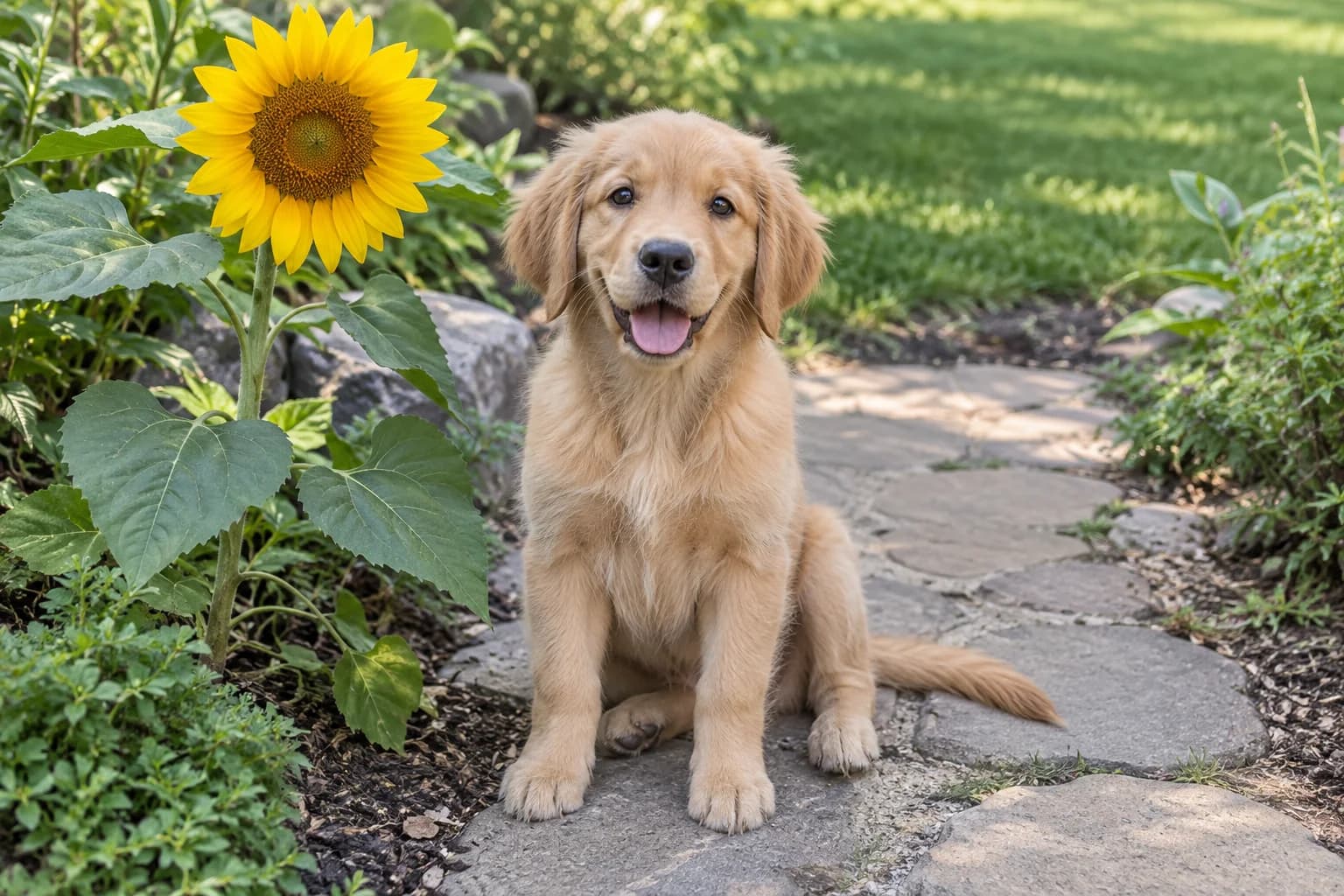 Original photo of a golden retriever puppy beside a sunflower