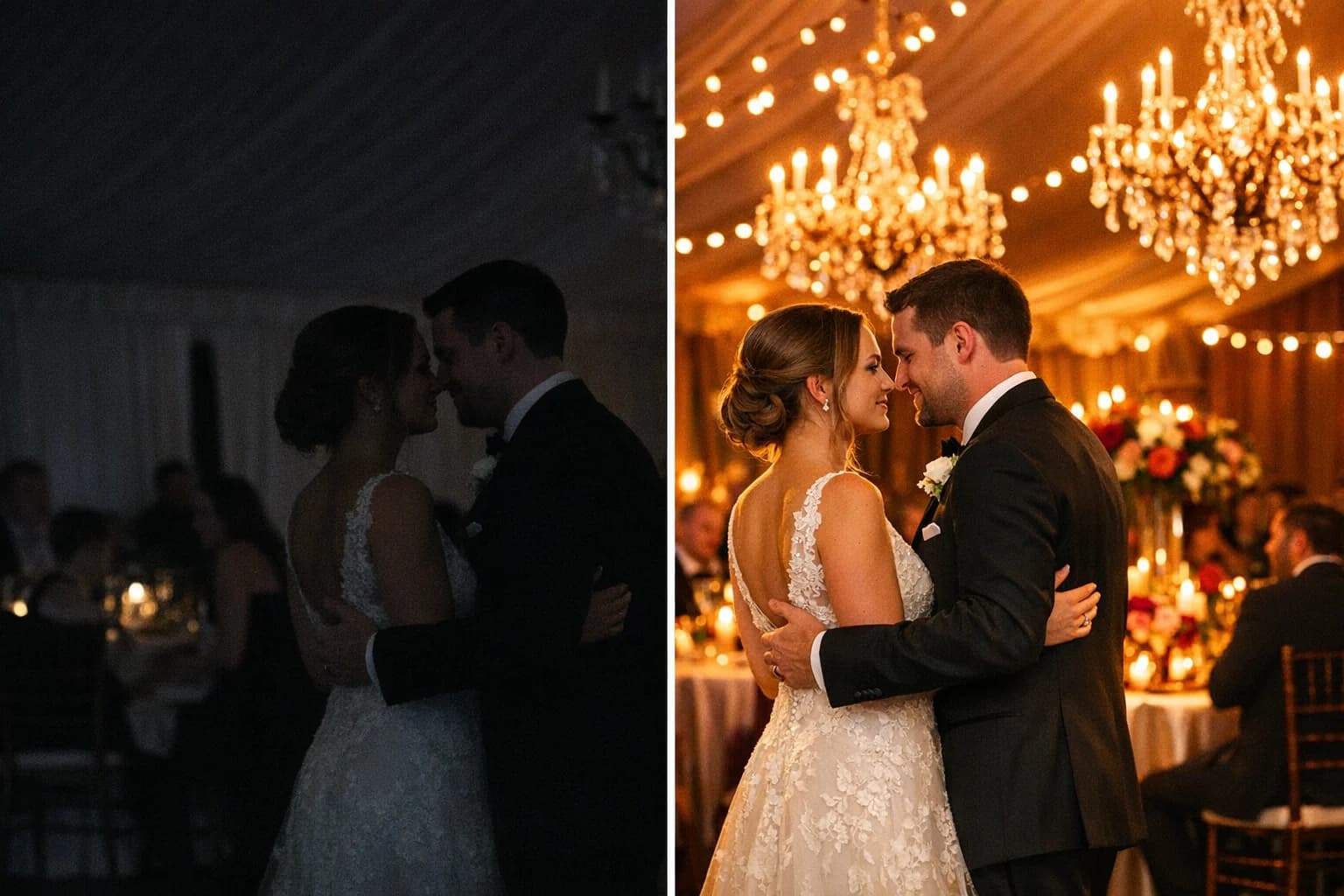 Before and after comparison of a wedding reception lighting enhancement