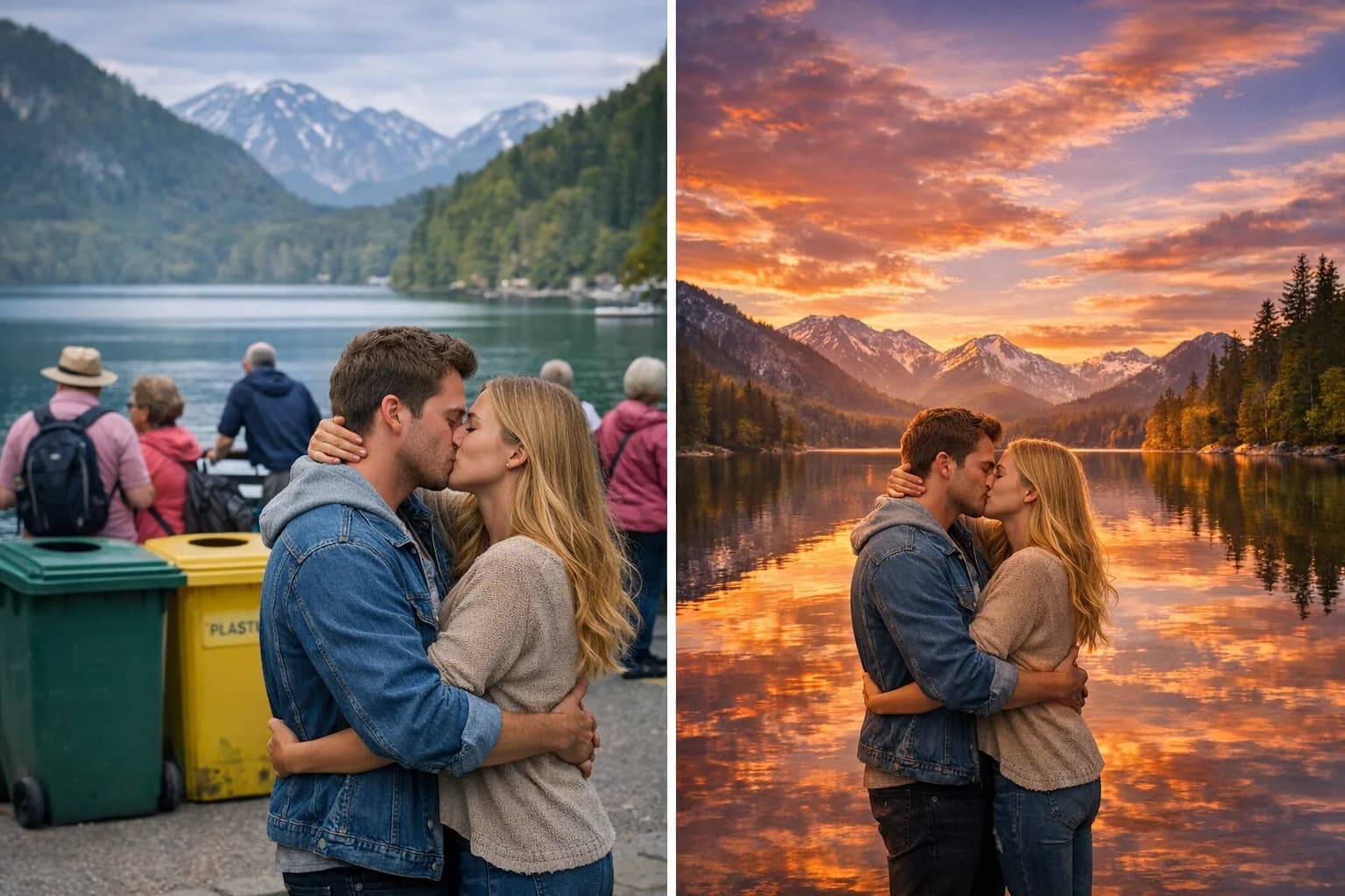 Split screen showing removal of tourists from a romantic couple photo
