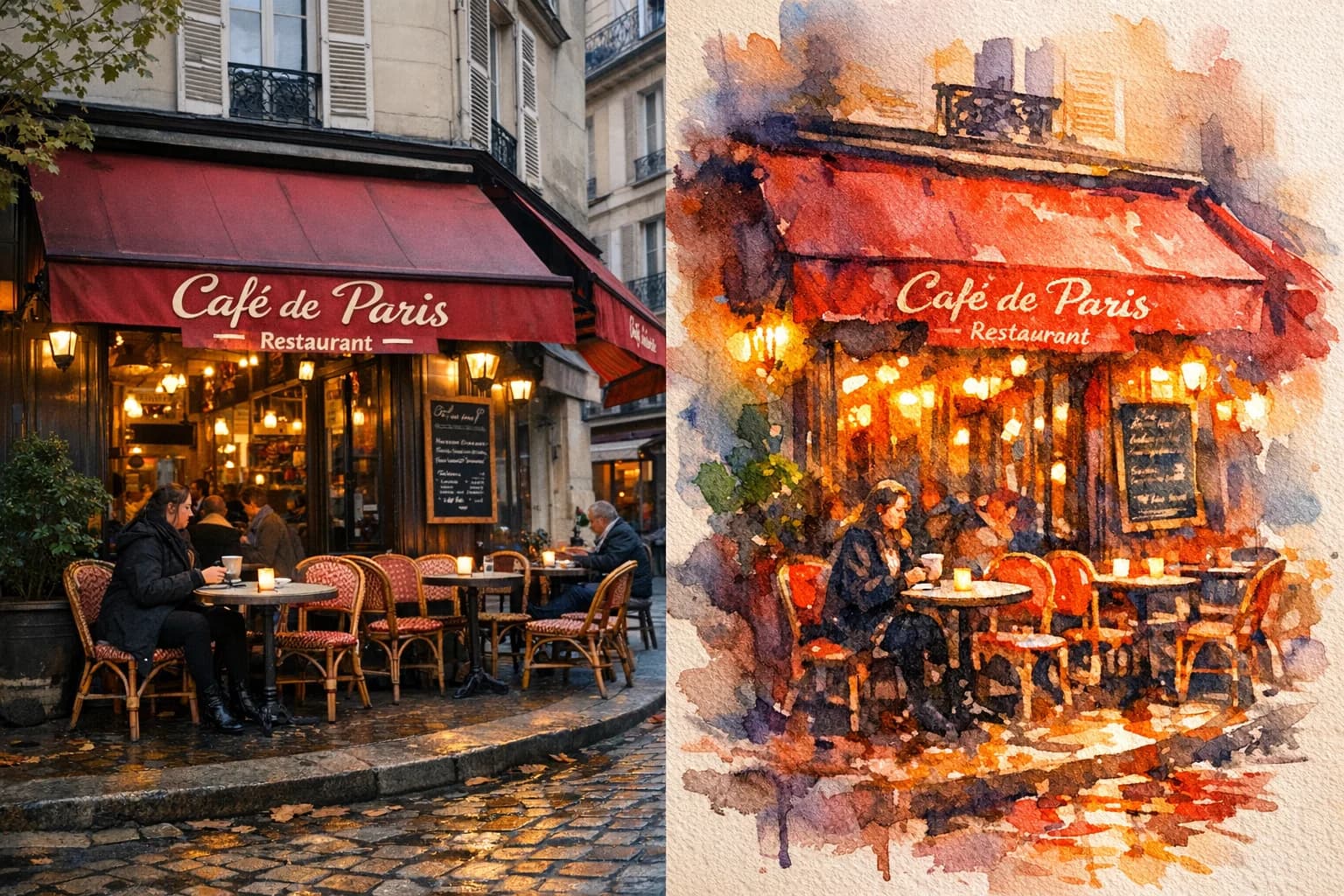 Split screen showing a photo turning into a watercolor painting