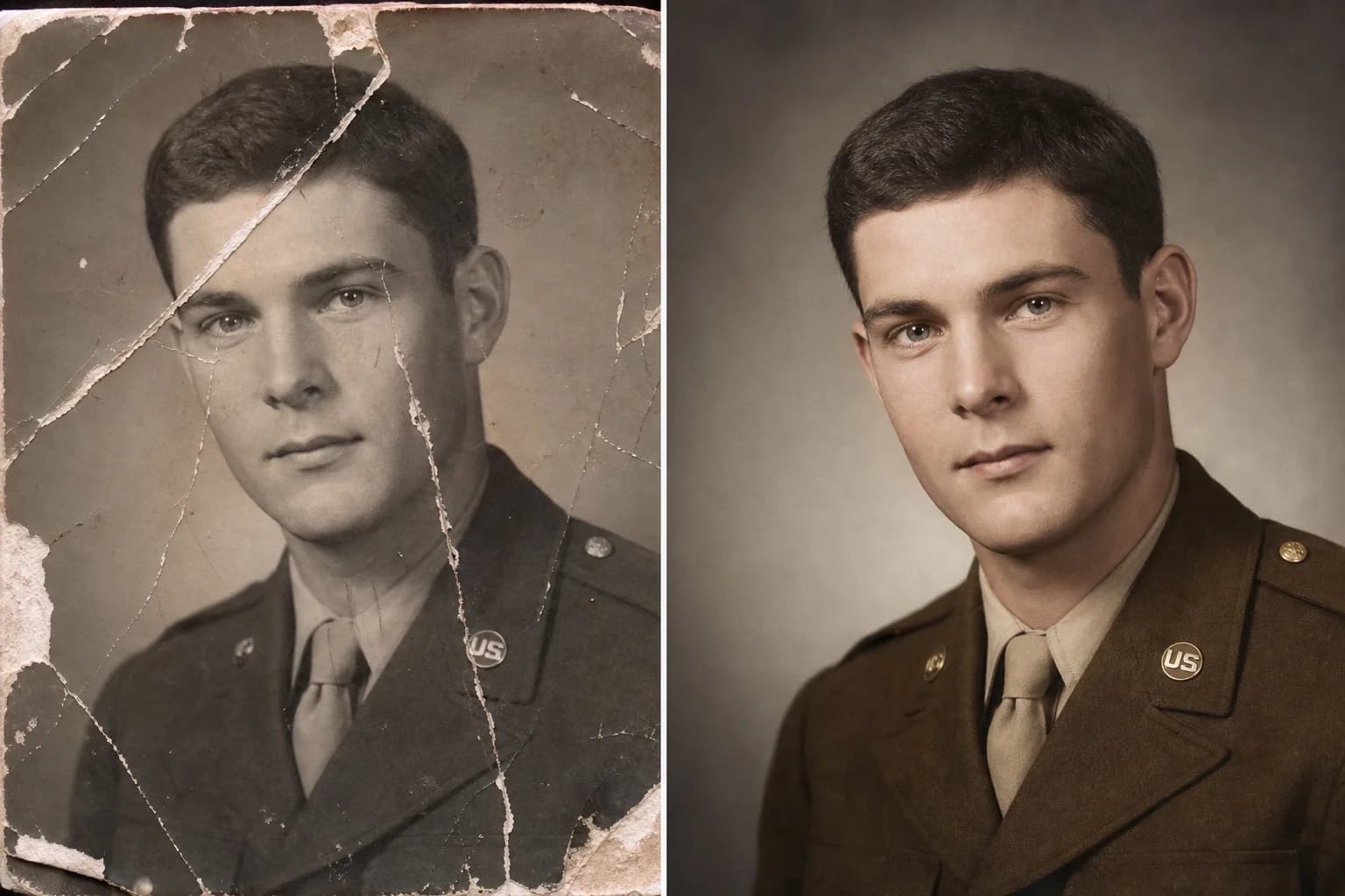 Split screen showing scratch removal from a vintage photo