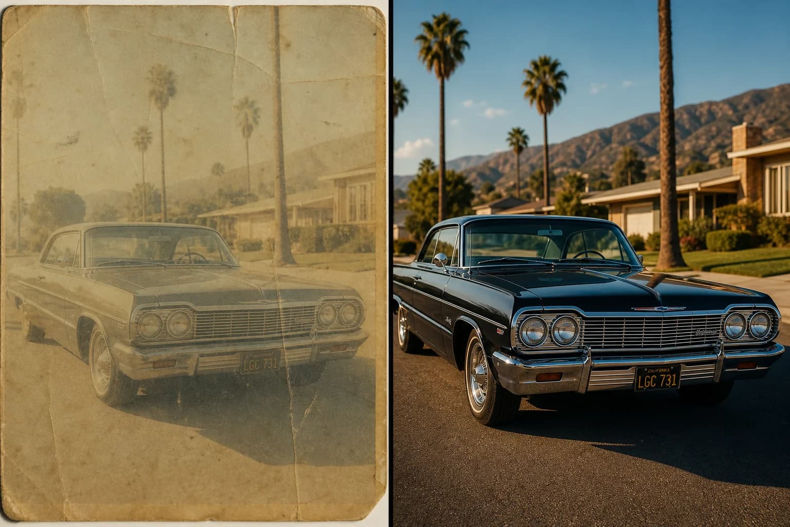 Split screen showing fade correction on a vintage car photo